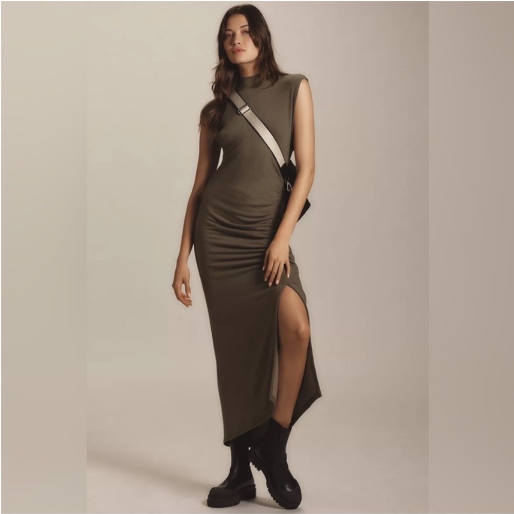 ANTHROPOLOGIE DAILY PRACTICE GREEN MOCK-NECK RUCHED MIDI DRESS